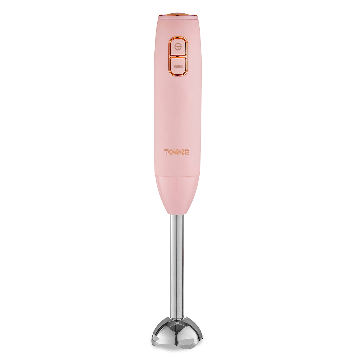 Pink Tower Cavaletto 600W stick blender with a sleek design, featuring a stainless steel blending shaft, two buttons, and a modern finish.