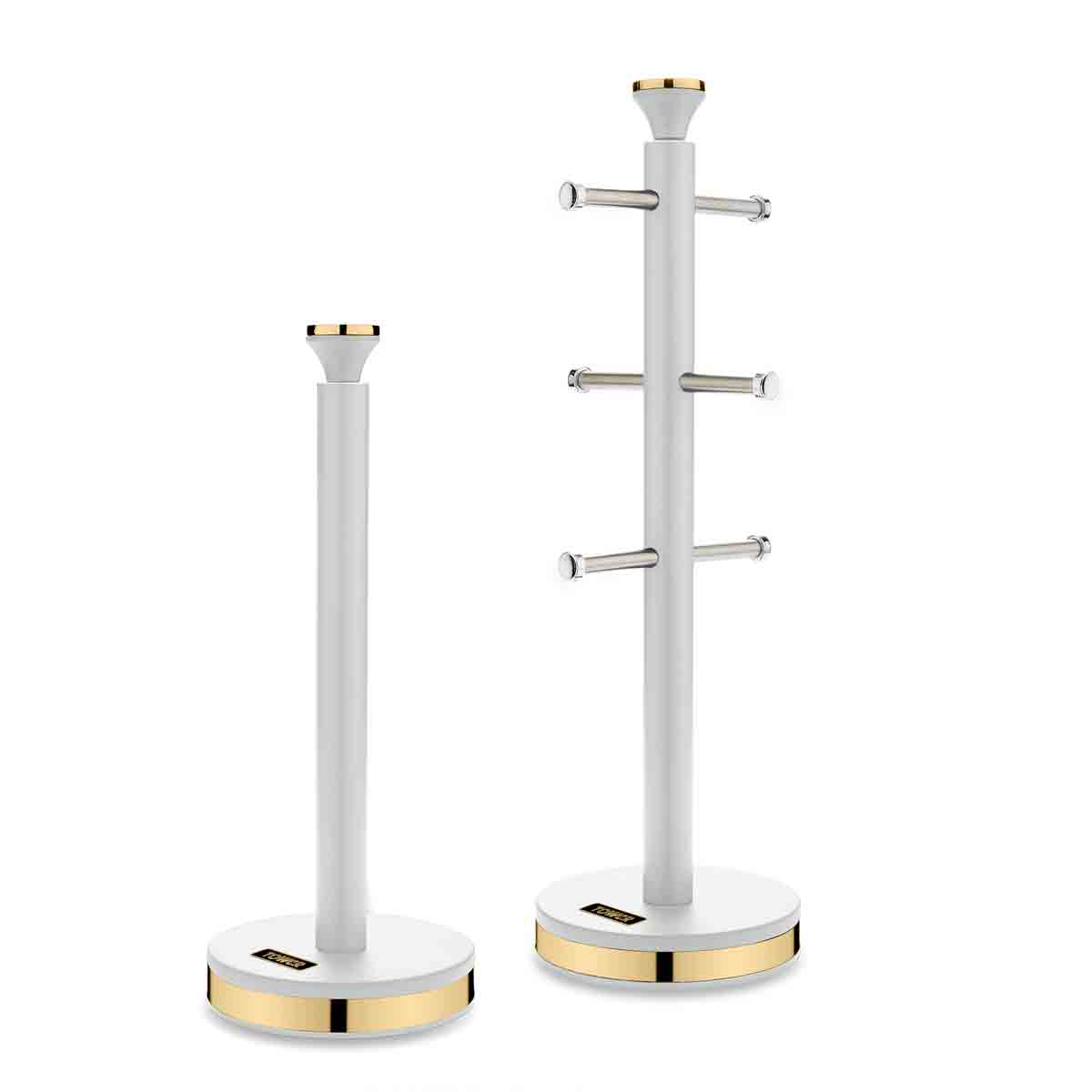 White and champagne gold Tower Cavaletto Mug Tree and Towel Pole Set featuring a sleek design with a sturdy base and four horizontal arms for hanging mugs or towels.