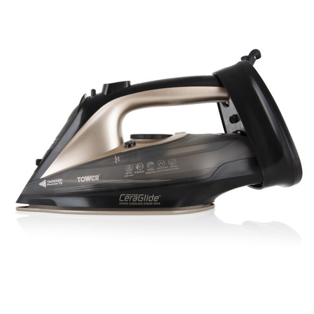 Cordless steam iron in black and gold, featuring a sleek design, ceramic soleplate, and control buttons, with a powerful 2400W capacity for efficient ironing.