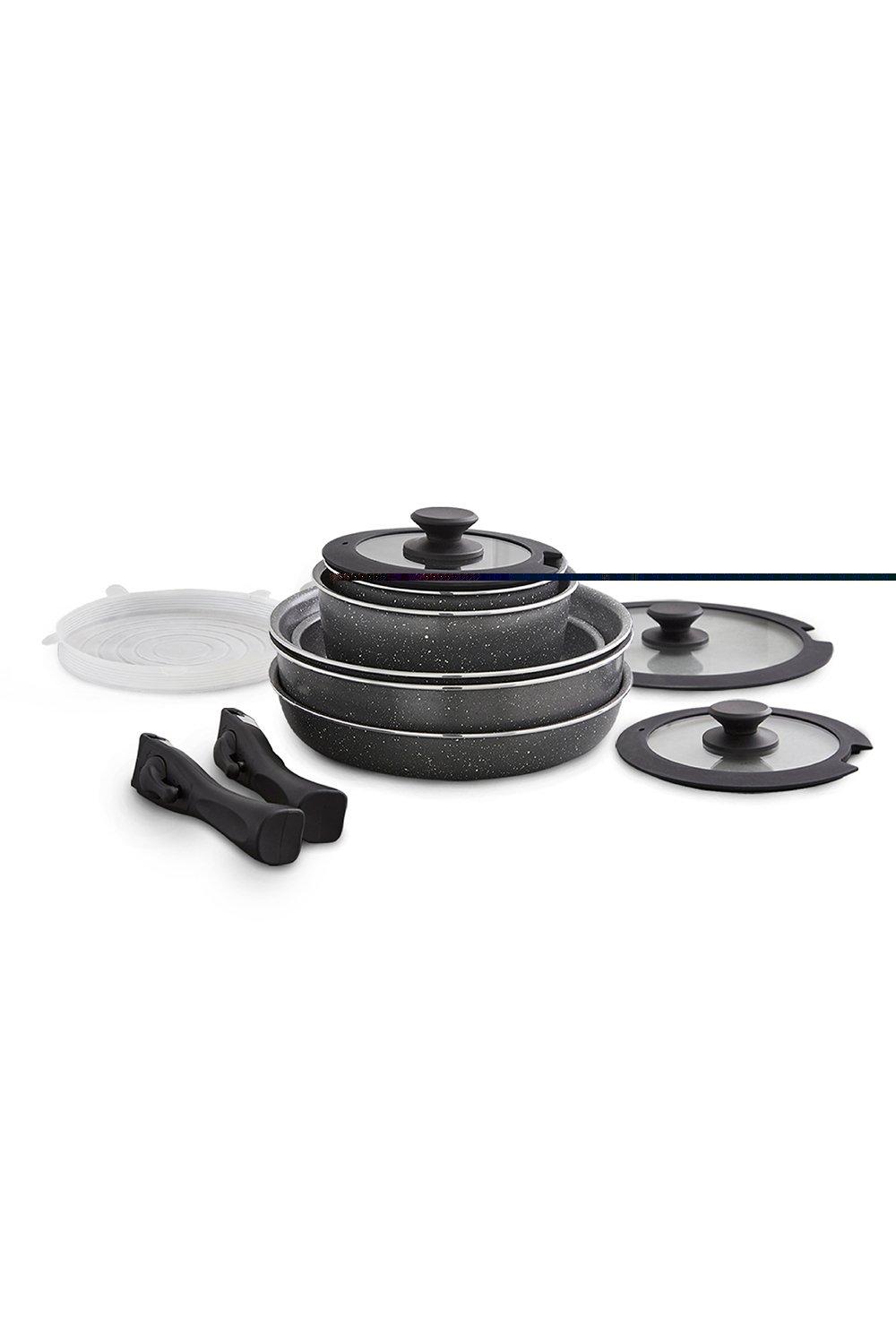 Grey non-stick cookware set featuring 13 pieces, including various pots and pans with glass lids, stackable design, and soft-touch handles, induction safe for versatile cooking.