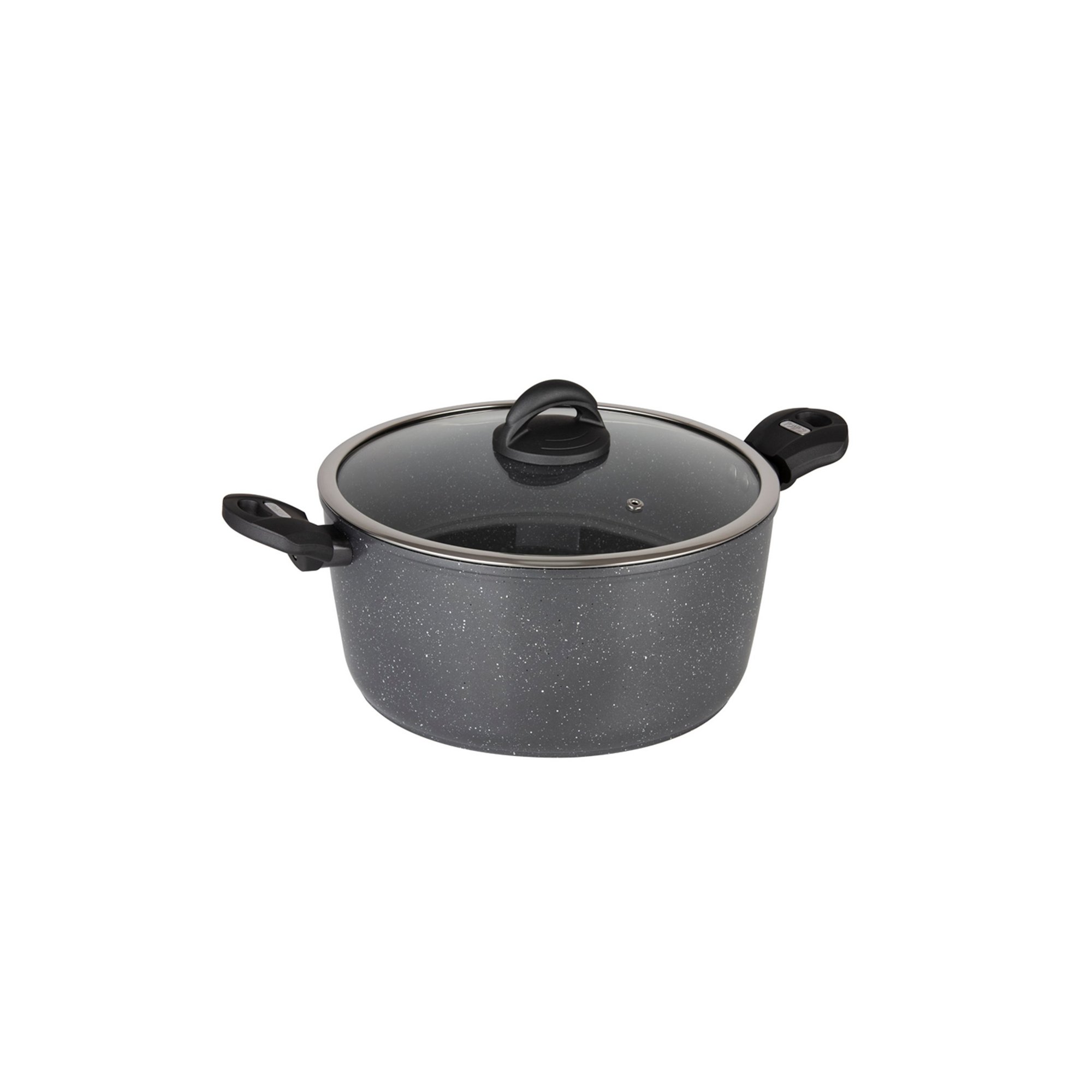 28cm metallic grey non-stick casserole pot with a glass lid, featuring black handles and a speckled finish, suitable for all hob types.