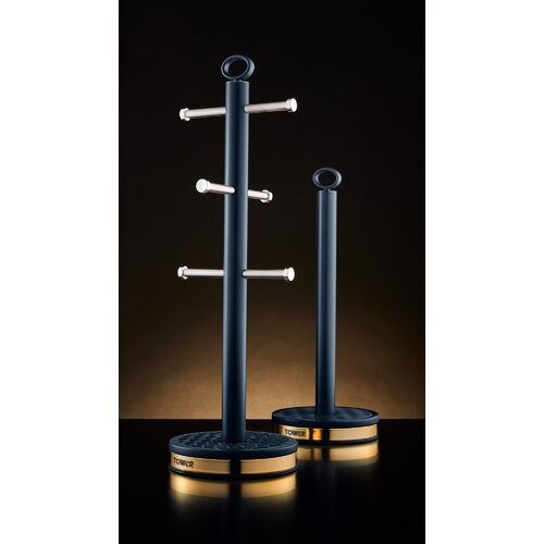Midnight blue mug tree and towel pole set with brass accents, featuring a sturdy base and three horizontal rods for hanging mugs or towels, designed by Tower.