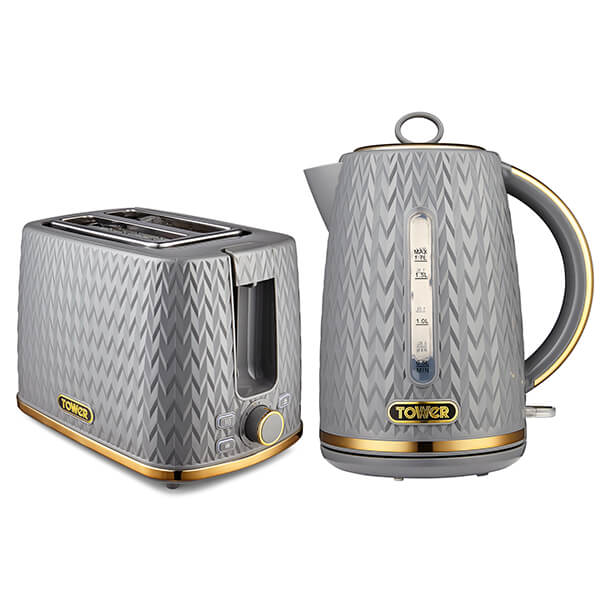 Grey kettle and two-slot toaster set by Tower, featuring a textured design with gold accents, a clear water gauge on the kettle, and a dial control on the toaster.