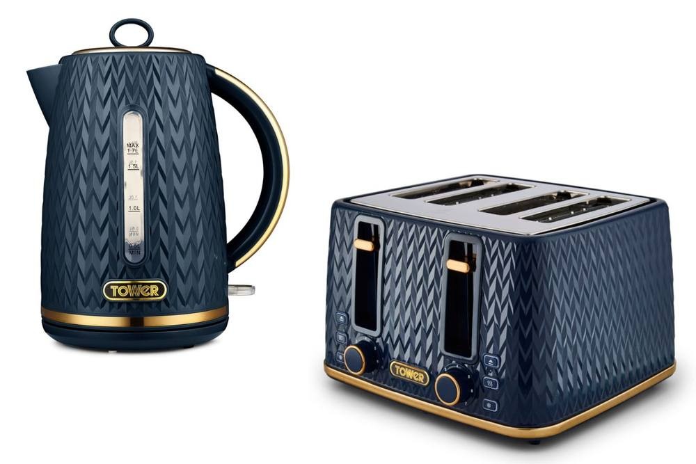 Mid blue kettle with a textured design and a water level indicator, paired with a matching four-slice toaster featuring chrome accents and control buttons.