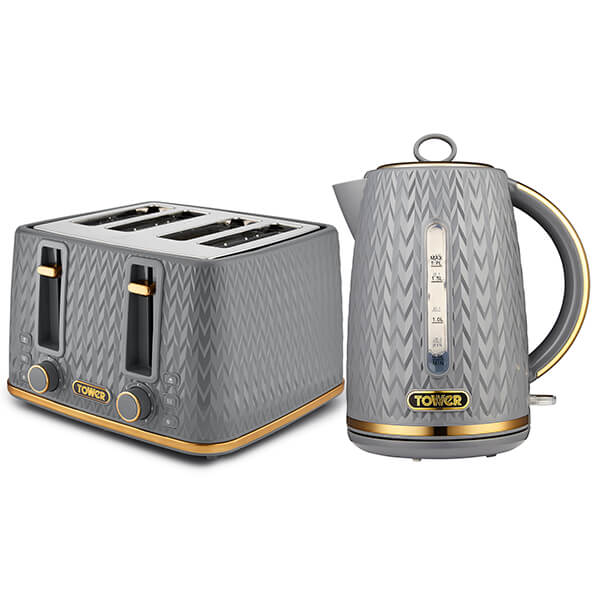Grey kettle and 4-slot toaster set by Tower, featuring a textured design with gold accents, a water level indicator on the kettle, and wide slots on the toaster for various bread types.