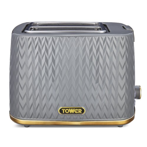 Grey two-slice toaster with a textured geometric pattern, featuring a gold trim and the "TOWER" logo on the front.