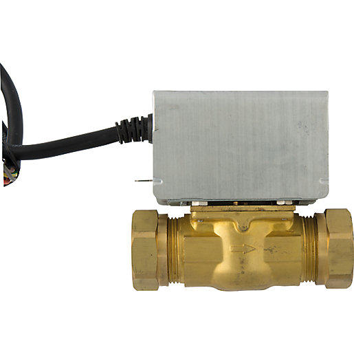 Brass 28mm 3-port valve with a silver metal housing and electrical wiring, designed for optimal zone control in heating systems.