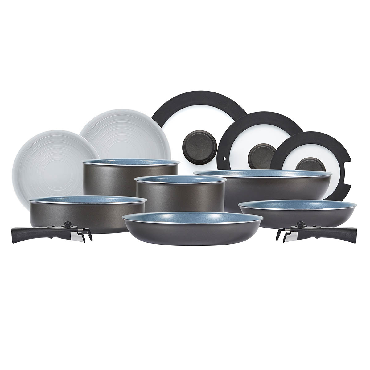 Tower Freedom 13-piece stackable cookware set in dark grey, featuring ceramic non-stick surfaces, includes various pots, pans, and lids with ergonomic handles.