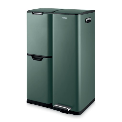 Tower Recycling Pedal Bin in forest green with three individual compartments, removable inner buckets, and a durable carbon steel body, featuring a sleek dark green finish.