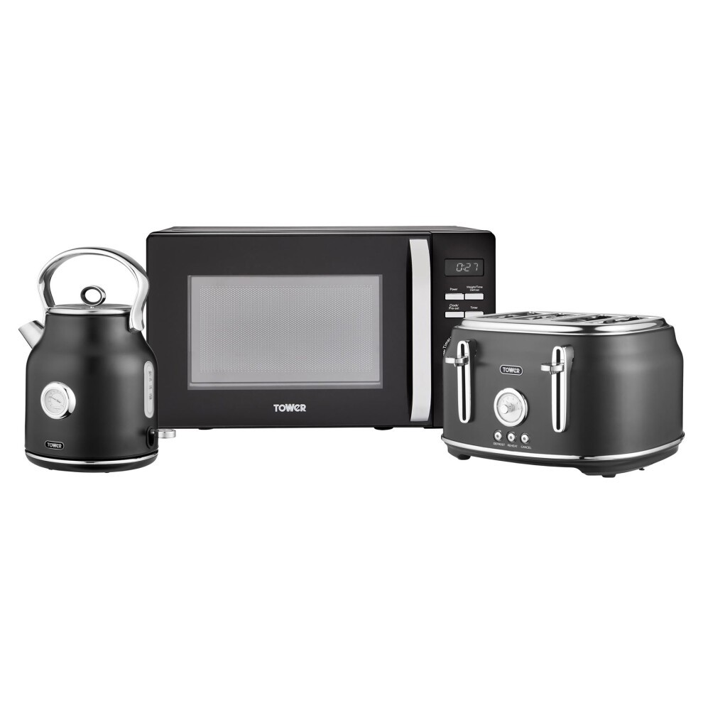Black Tower kitchen set featuring a 1.7L kettle with a silver knob, a sleek toaster with four slots, and a microwave with a digital display and stainless steel accents.