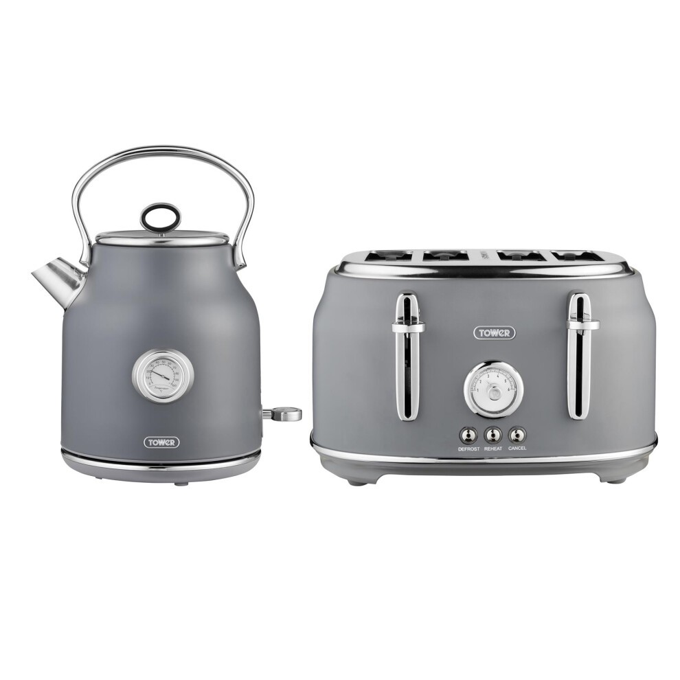 Grey kettle with a stainless steel handle and dial, paired with a matching four-slice toaster featuring chrome accents and control knobs.