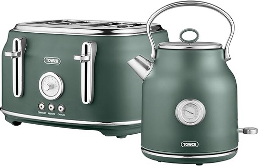 Green 1.7L kettle with a stainless steel handle and gauge, paired with a matching 4-slice toaster featuring chrome accents and control buttons.