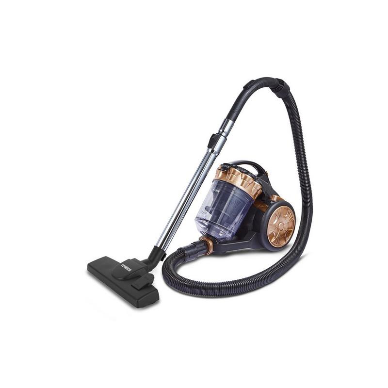 Black and gold Tower T102000BLGPETS multi-cyclonic bagless cylinder vacuum with a transparent dust container, 2L capacity, and a sleek design, featuring a metal telescopic wand and floor nozzle.