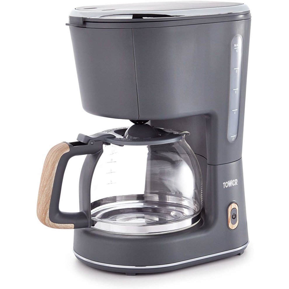 Grey Tower Scandi coffee maker with a 1.25-litre glass carafe, wooden handle, and a sleek design featuring a digital control panel and water level indicator.