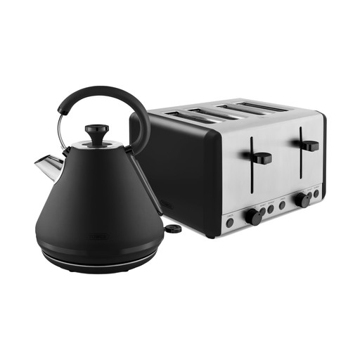 Black pyramid kettle with a stainless steel spout and handle alongside a sleek black 4-slice toaster featuring chrome accents and adjustable settings.