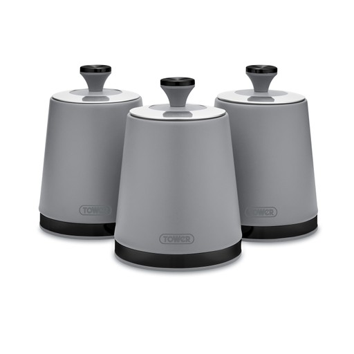 Set of three grey canisters with a sleek design, featuring black lids and bases, made from durable material, ideal for kitchen storage.