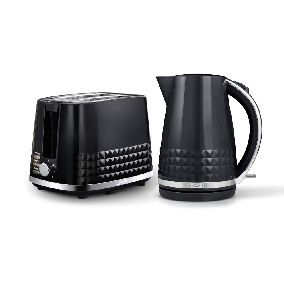 Black Tower Solitaire 2-slice toaster and kettle set features a sleek design with a diamond pattern, chrome accents, and a modern ergonomic handle on the kettle.