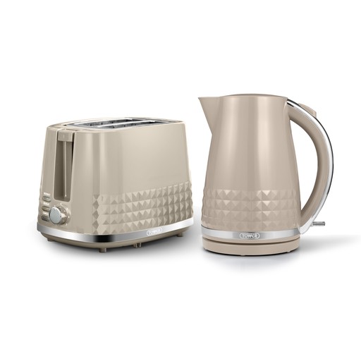 Light brown kettle and two-slice toaster with a diamond pattern, featuring a sleek design and metallic accents, showcasing a modern kitchen aesthetic.