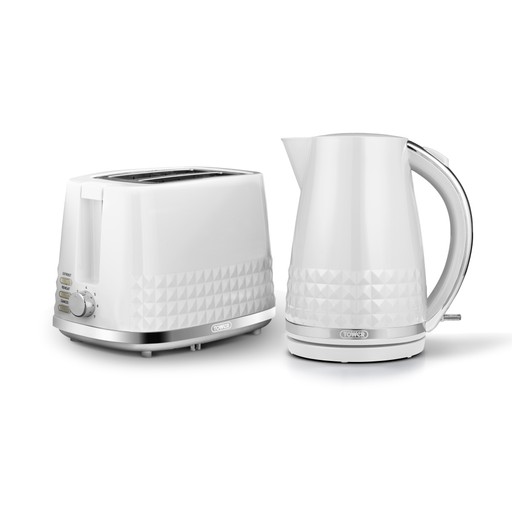 White geometric-patterned kettle and matching two-slice toaster with stainless steel accents, featuring a sleek, modern design.