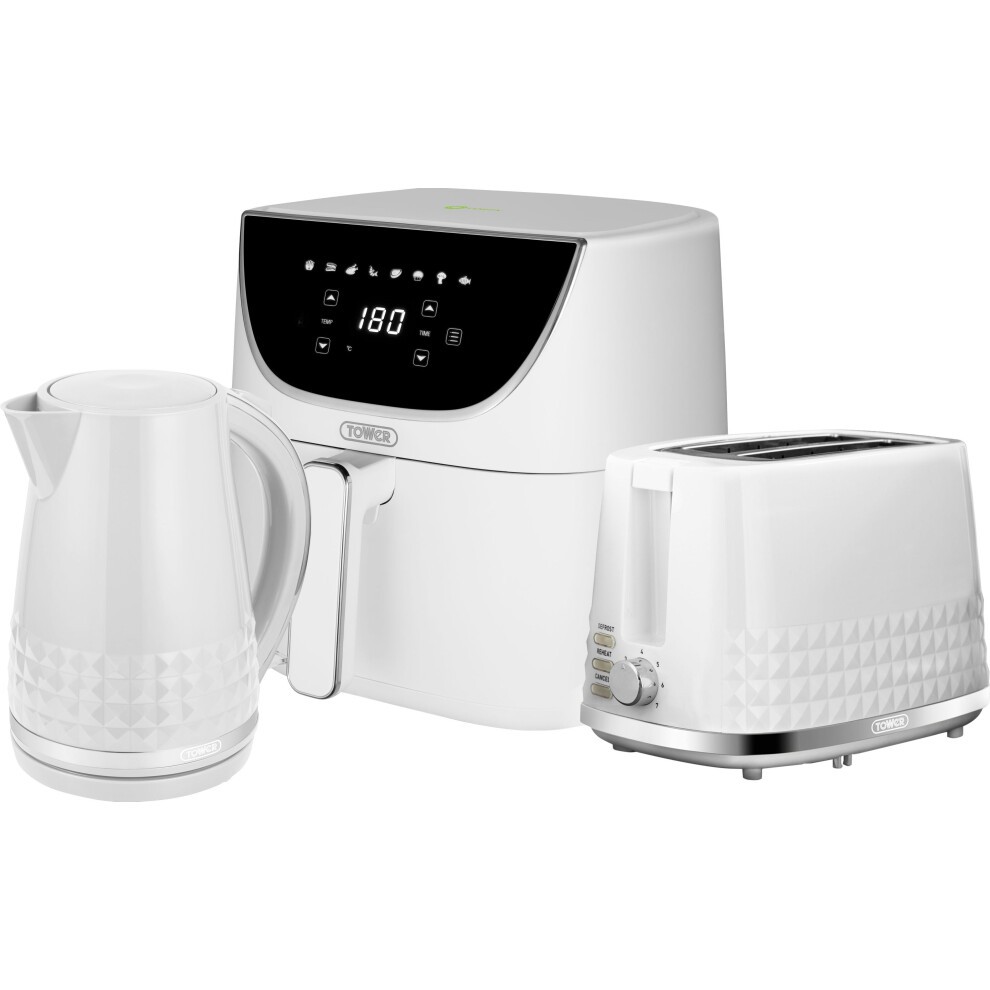 White Tower kitchen set featuring a geometric kettle, a sleek 2-slice toaster, and a compact air fryer, all with modern designs and user-friendly controls.