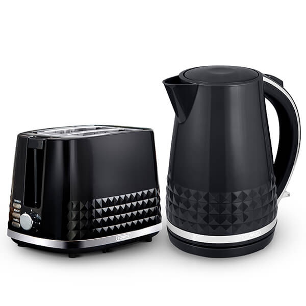 Black Tower Solitaire kettle and 2-slice toaster set featuring a sleek, modern design with a textured diamond pattern and chrome accents.