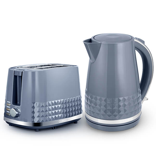 Grey kettle and two-slice toaster set by Tower, featuring a textured diamond pattern, sleek design, and stainless steel accents for a modern kitchen aesthetic.