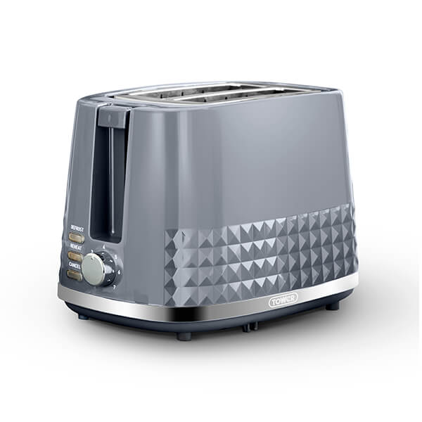 Stylish grey toaster with chrome accents, featuring a textured diamond pattern, two slots, and adjustable browning control, designed for 850W power efficiency.