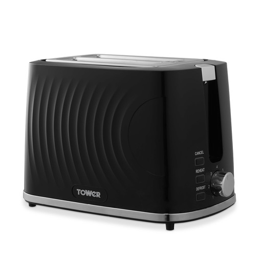 Textured black 2-slice toaster by Tower, model T20090BLK, featuring a sleek design, stainless steel accents, and buttons for cancel and reheat functions.