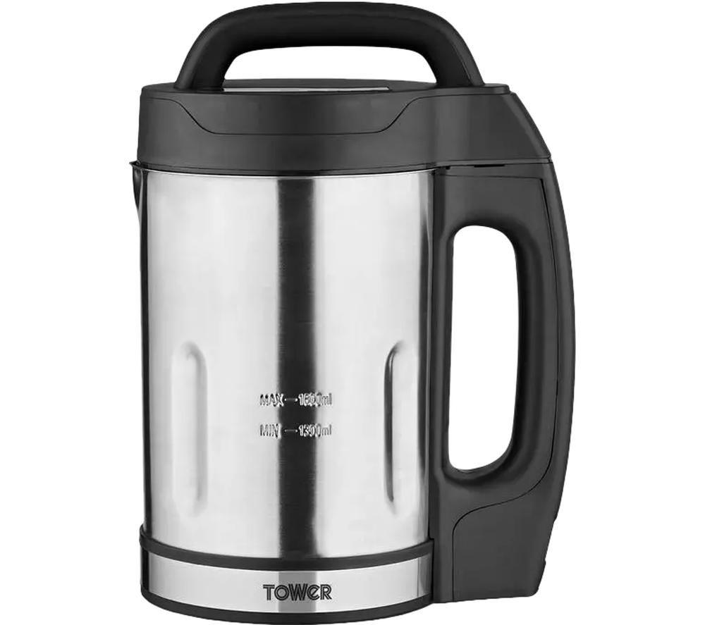Stainless steel soup maker with a black plastic handle, featuring a clear measurement scale and a sleek design, ideal for making soups and sautéing ingredients.