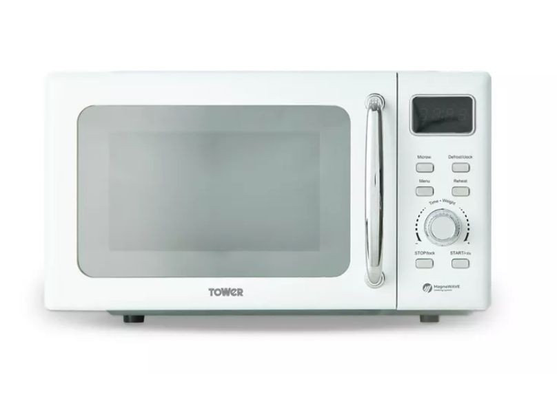 White 20L Tower microwave with a digital display, mirror door, stainless steel accents, and multiple control buttons for cooking functions.