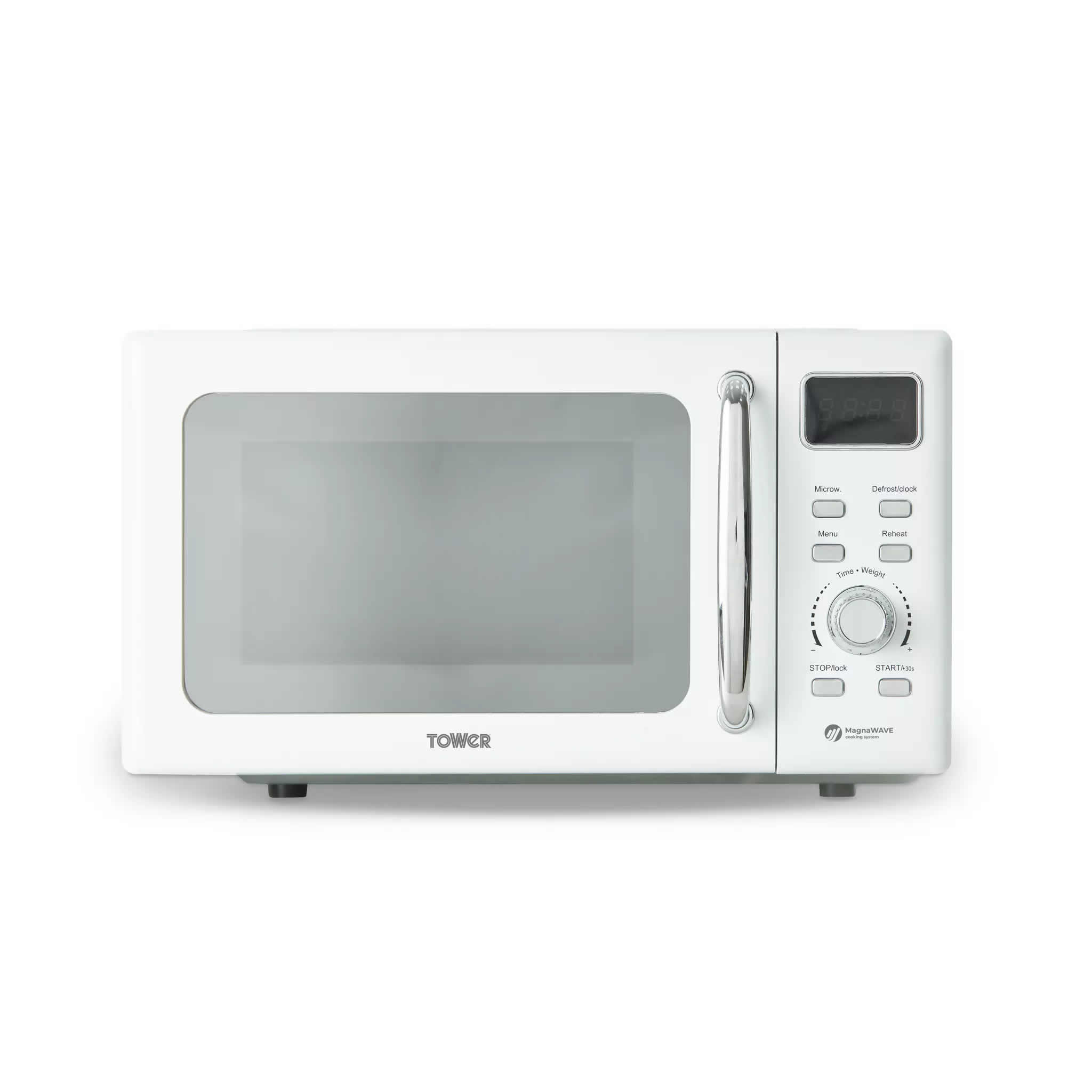 Sleek white microwave with a chrome handle, mirror door, digital display, and control panel featuring buttons for various settings, model T24042WHT, 800W, 20L capacity.