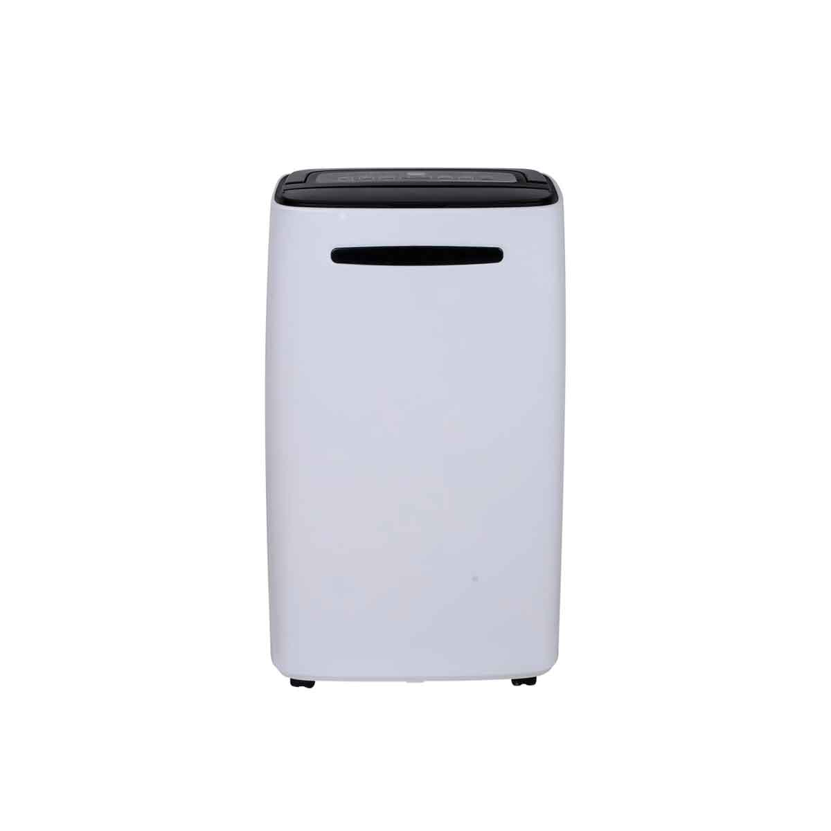 White 20-litre dehumidifier with a sleek design, featuring a black top panel, a front air vent, and a 24-hour timer with three settings for efficient moisture control.