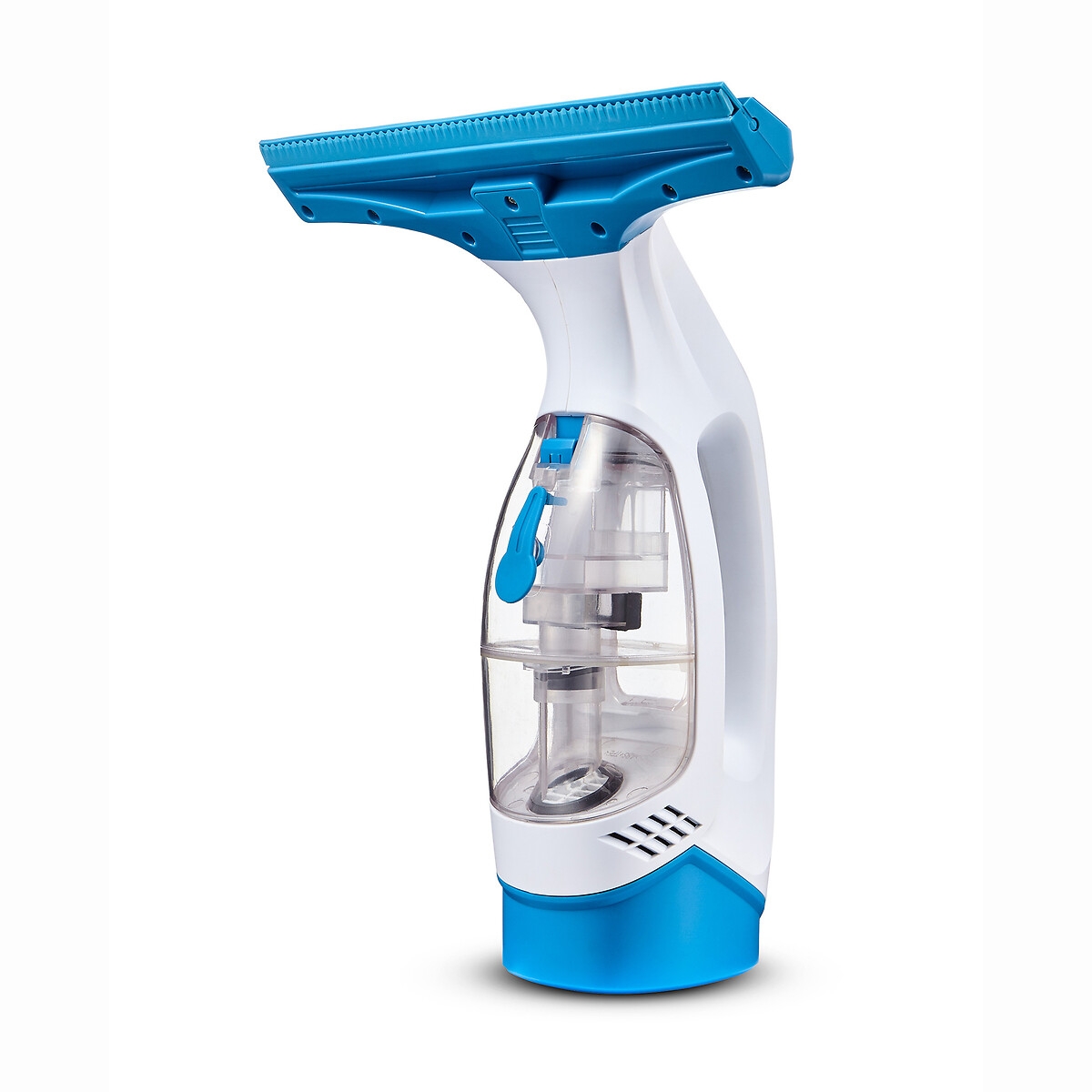 Cordless window cleaner in blue and white, featuring a transparent water tank, a squeegee attachment, and a rechargeable battery for easy use.