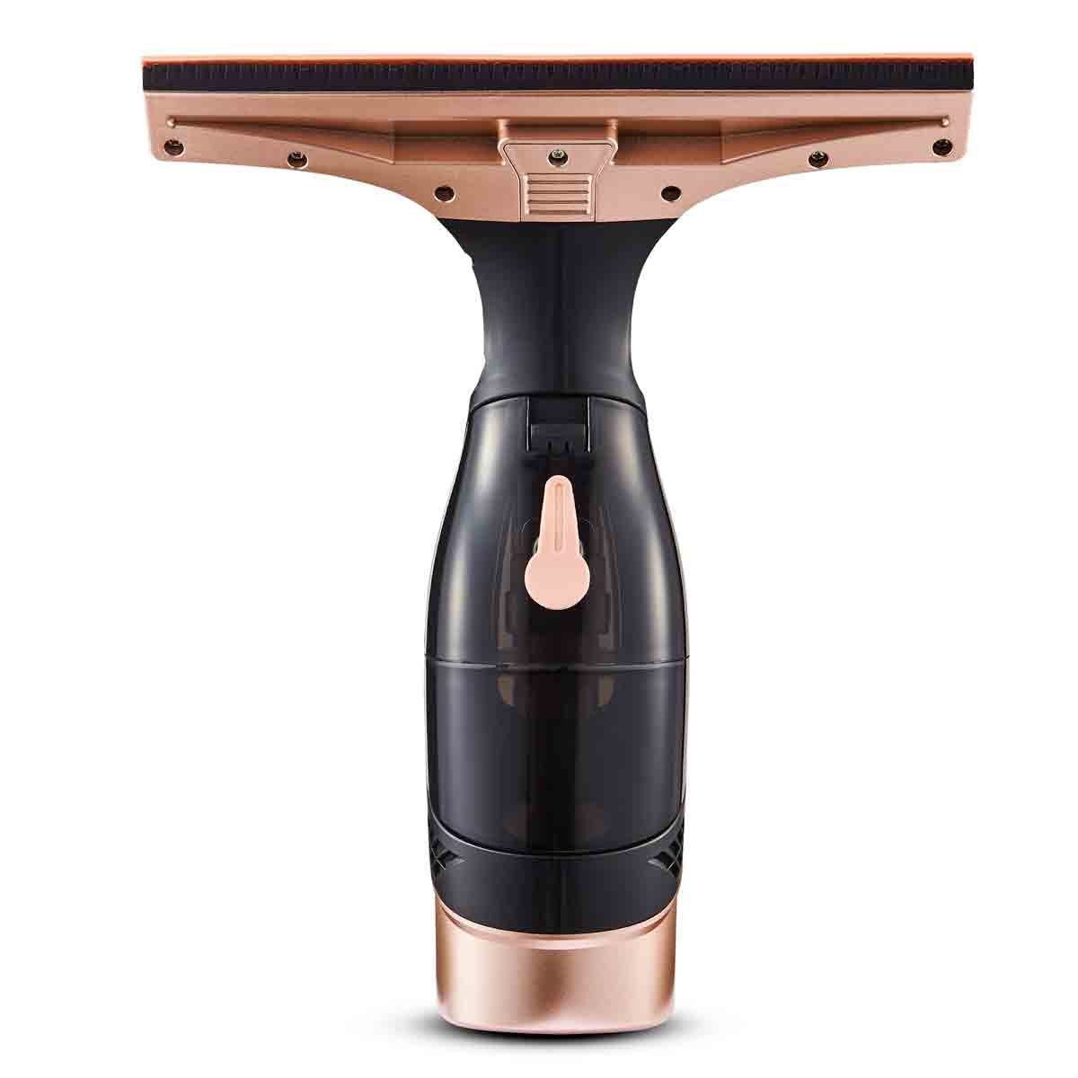 Cordless window cleaner in black and rose gold, featuring a sleek design, ergonomic handle, and a transparent water tank for easy monitoring of liquid levels.