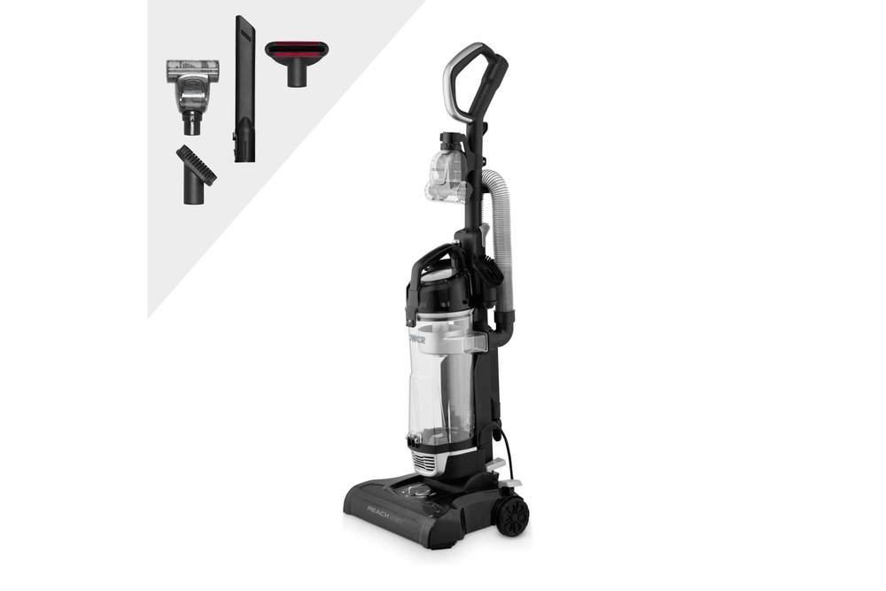 Tower upright vacuum in black with a 4L dust bin, featuring a transparent container, pet tool attachments, and a sleek design for efficient cleaning.
