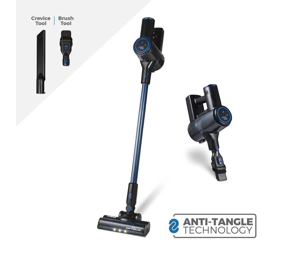 Cordless blue and black Tower VL100 Optimum 3-in-1 vacuum cleaner with a digital display, crevice tool, and brush tool, featuring anti-tangle technology.