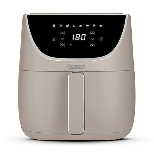 Tower Vortx 6L Colour Air Fryer in latte color features a sleek design with a digital control panel displaying temperature and time settings.