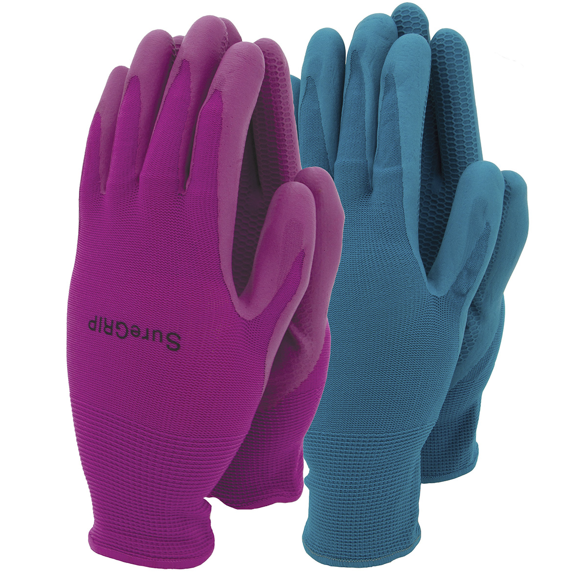 Twin pack of Town and Country Suregrip gloves featuring one pair in vibrant pink and another in bright teal, made from flexible, textured material for enhanced grip.