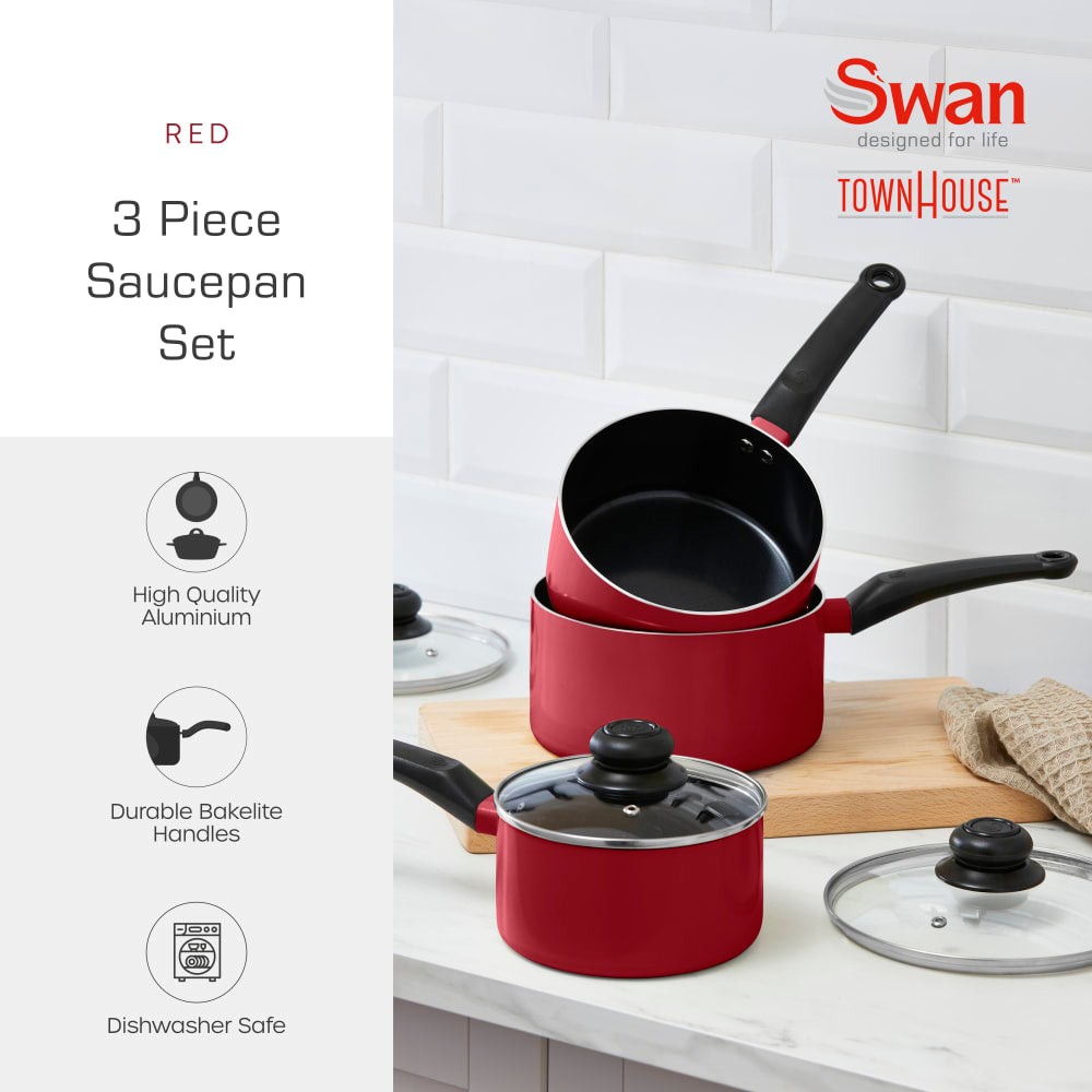 Three red saucepans made of high-quality aluminum, featuring durable Bakelite handles and glass lids, stacked with one on top, showcasing a modern kitchen aesthetic.