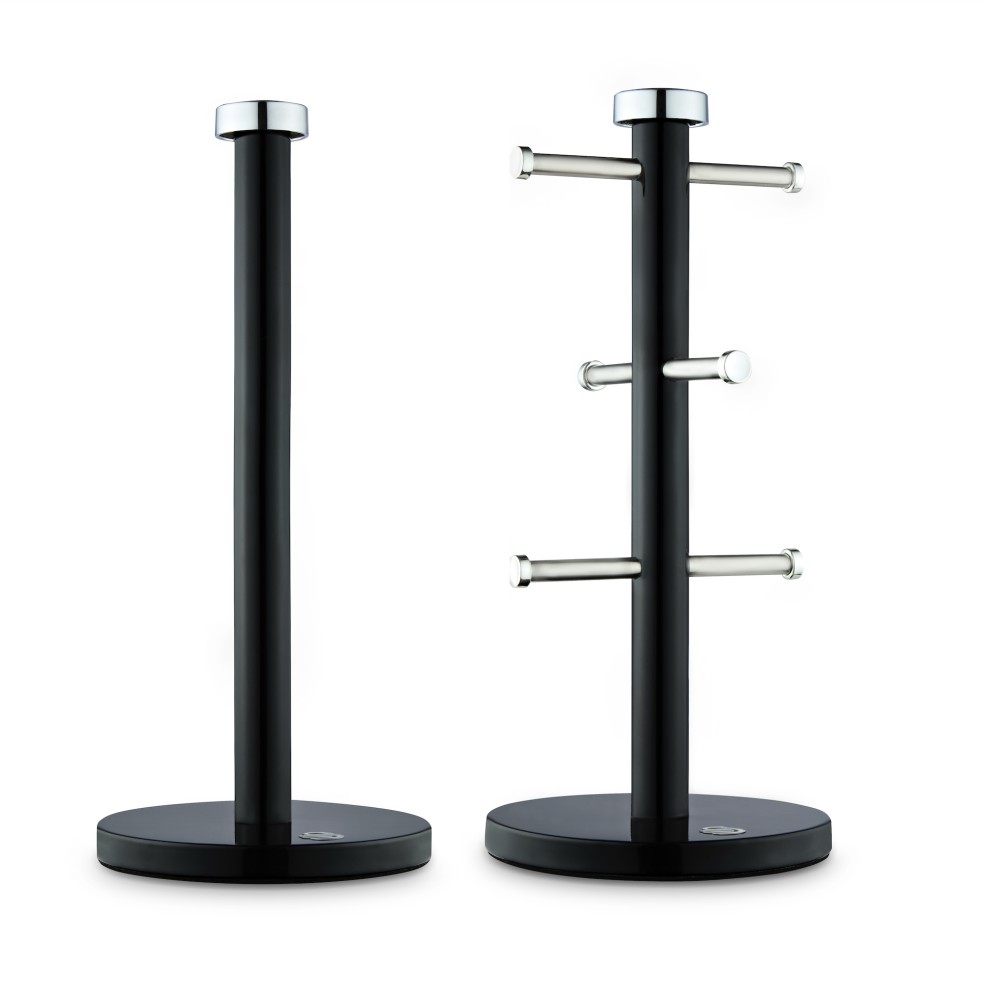 Sleek black towel pole and mug tree set by Swan, featuring a sturdy round base and stainless steel accents for a modern kitchen aesthetic.