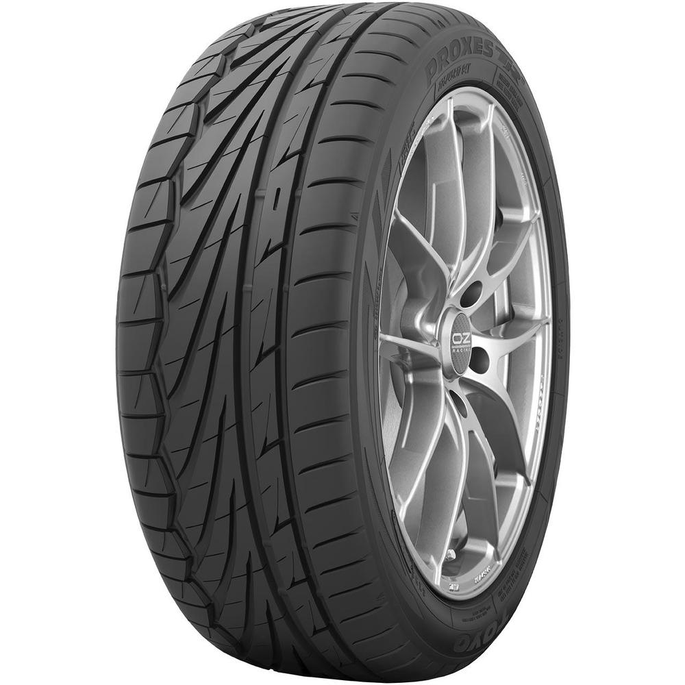 Toyo Proxes TR1 tire in size 195/45 R16, featuring a sleek black rubber tread with a unique pattern, rim protection ridge, and mounted on a silver alloy wheel.
