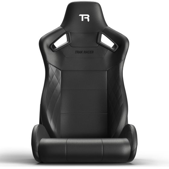 Reclining sport seat in black leather-style material, featuring a sleek design with diamond stitching and TR logo, ideal for sim cockpits.