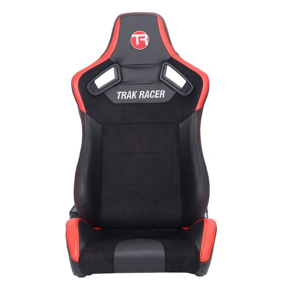 Reclining sport seat featuring a leather-style outer in black with red accents, a suede center, and the "TRAK RACER" logo on the headrest, designed for sim cockpits.