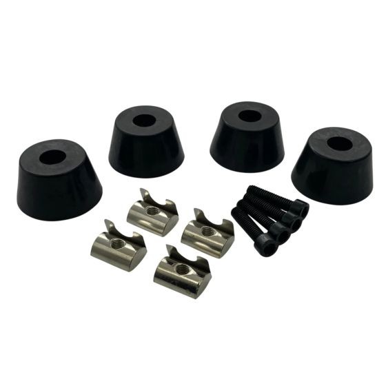 Set of four black rubber feet with a tapered design, accompanied by metal brackets and screws for secure attachment, ideal for protecting floors from equipment damage.