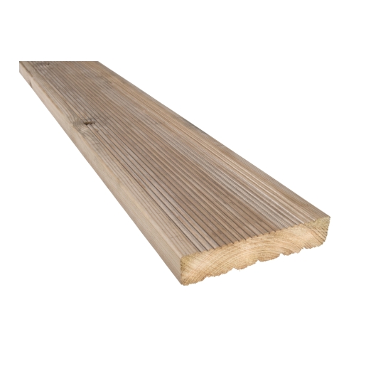 Treated timber decking board in a natural wood finish, measuring 35mm x 148mm x 3.6m, featuring a smooth surface with grooves for traction.