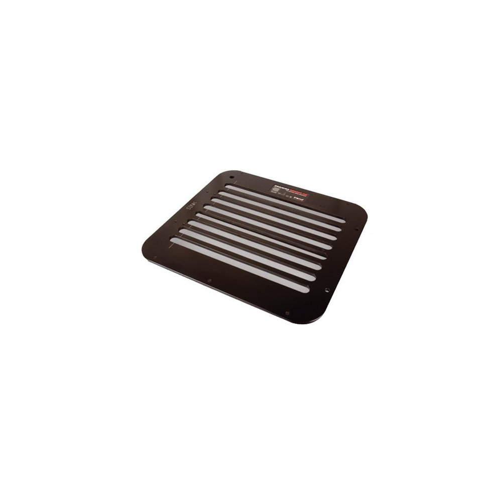 Black metal draining groove jig with a square shape, featuring multiple horizontal grooves for efficient drainage and a smooth surface for stability during use.