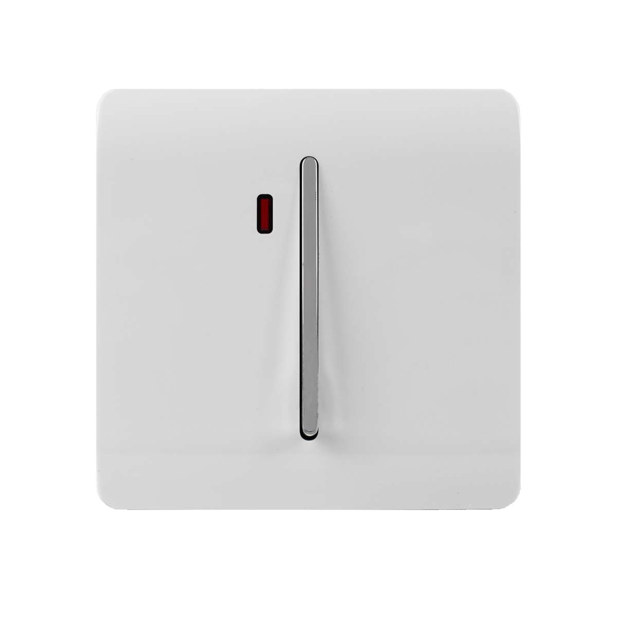 White Trendi 45 Amp switch featuring a sleek design, a chrome toggle lever, and a red neon indicator light on the left side.