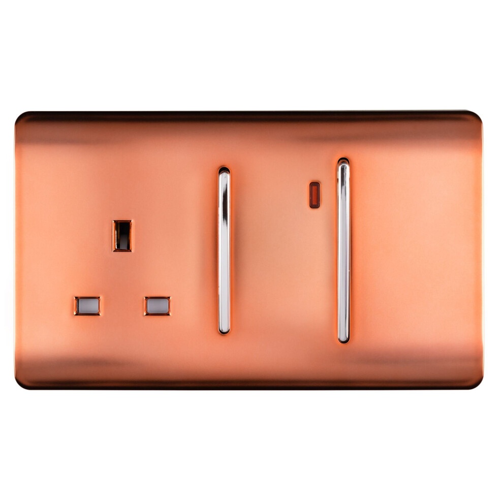 Glossy copper cooker switch and plug socket featuring two chrome switches, a single socket, and a neon indicator light for modern interior design.