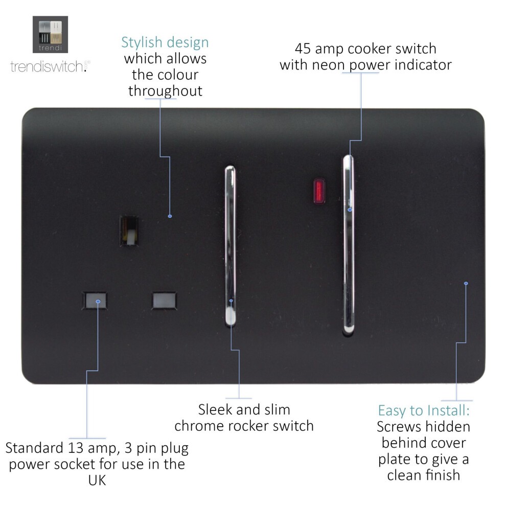 Trendi Switch 45amp and 13amp Matt Black Cooker Switch and Plug Socket with Neon - image 2