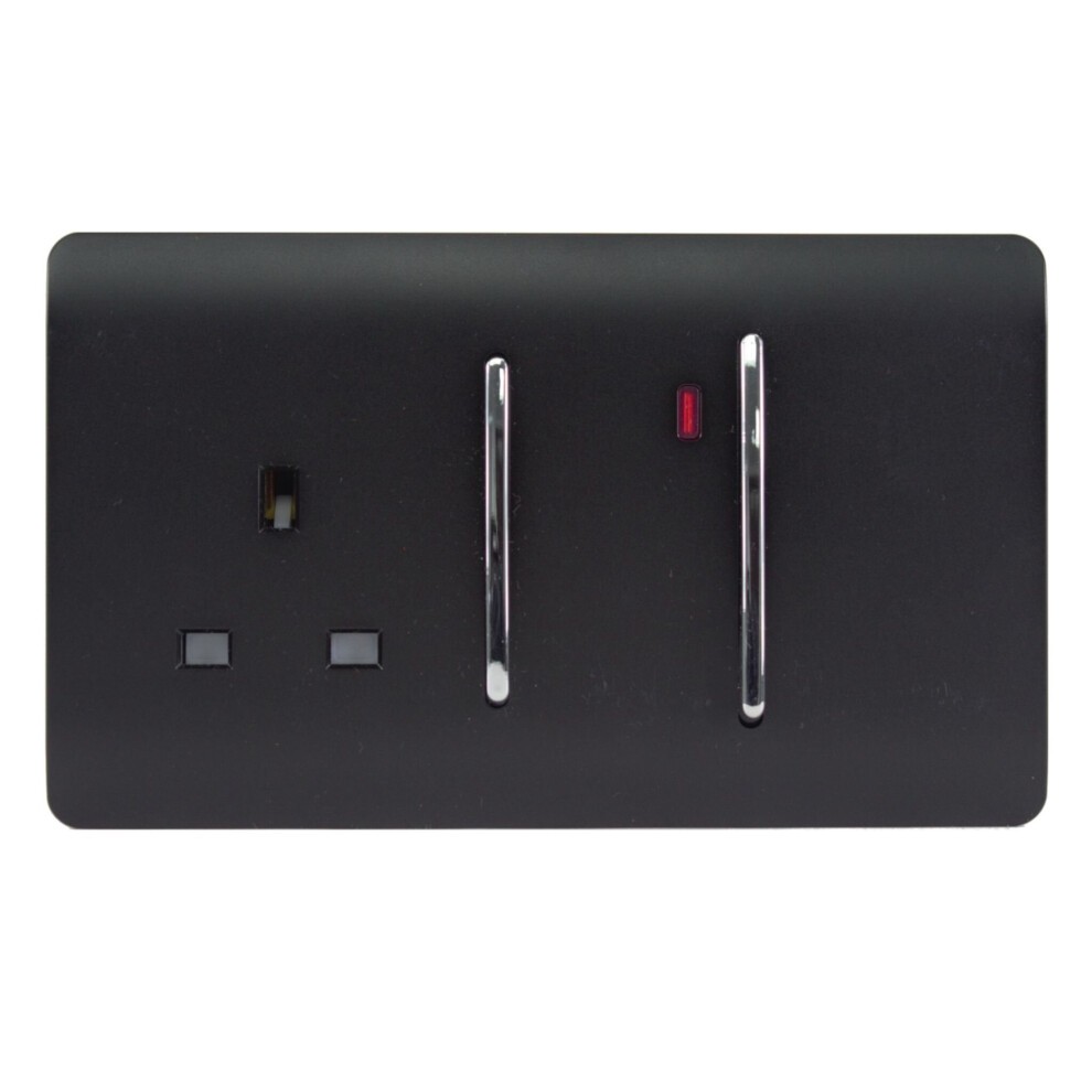 Matt black cooker switch and plug socket featuring two silver toggle switches and a red neon indicator, designed for modern interiors.